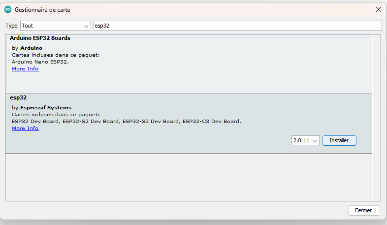 Arduino IDE gestionnaire de carte pour esp32 cam