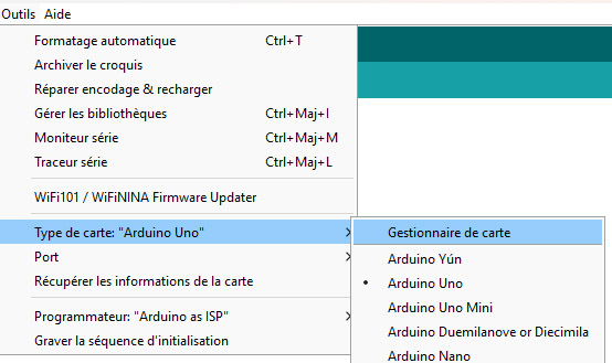 Arduino IDE Gestionnaire de carte
